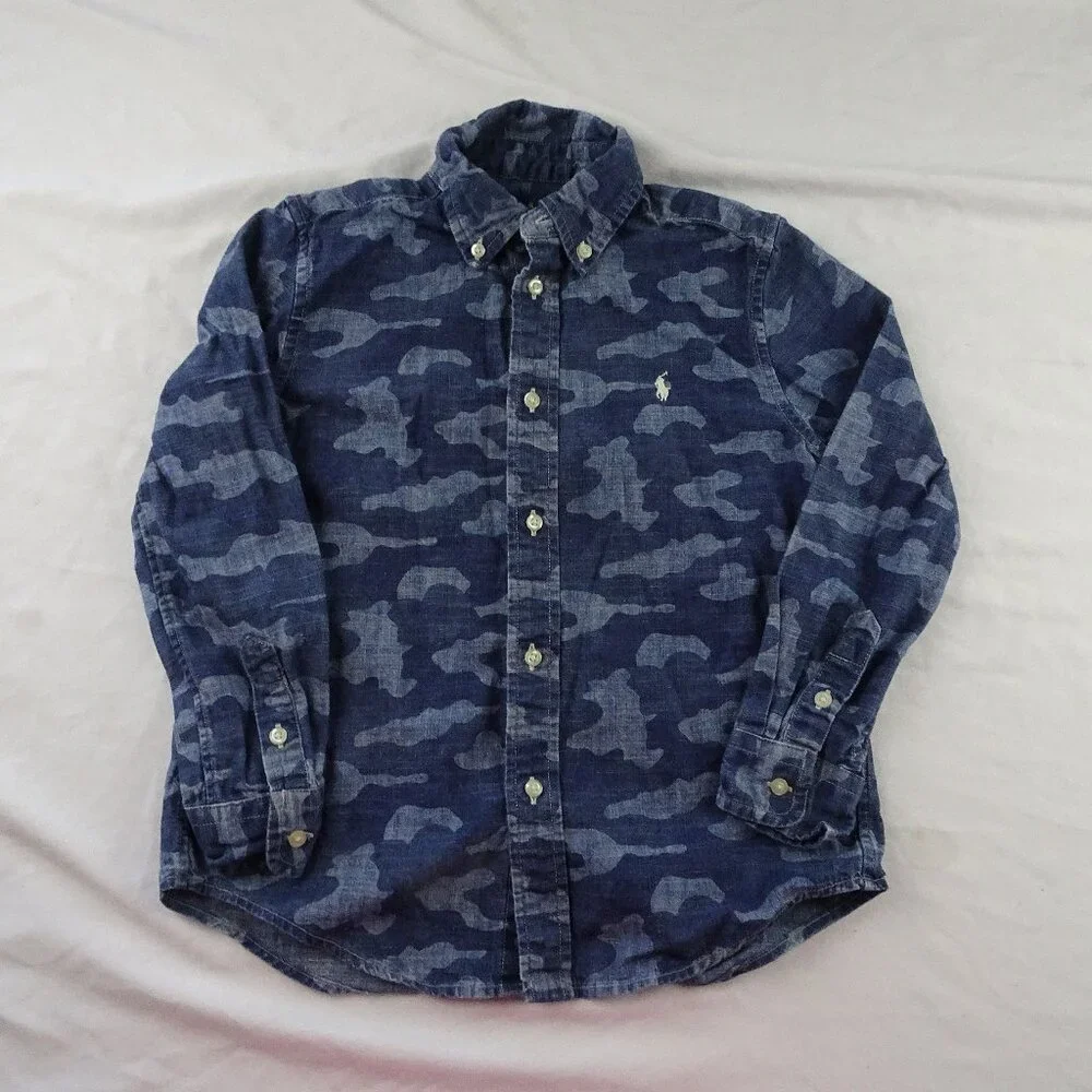 Ralph Lauren Kids Youth Boy Blue Camouflage Button Down Shirt Size 7